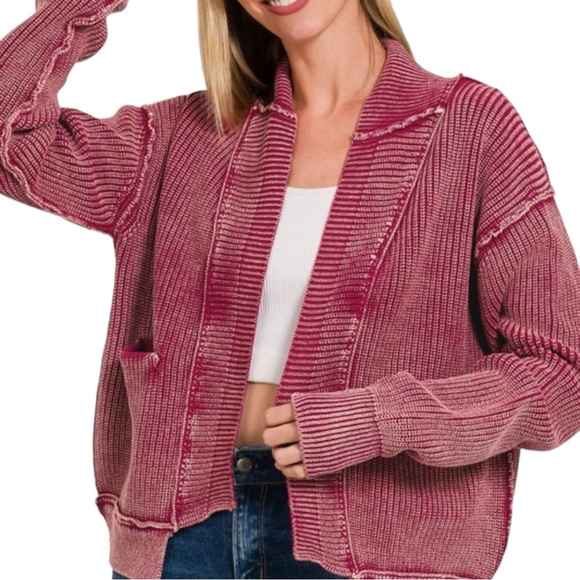 222. Women's Wine Acid Wash Ribbed Drop Shoulder Cardigan NEW - Picture 2 of 7